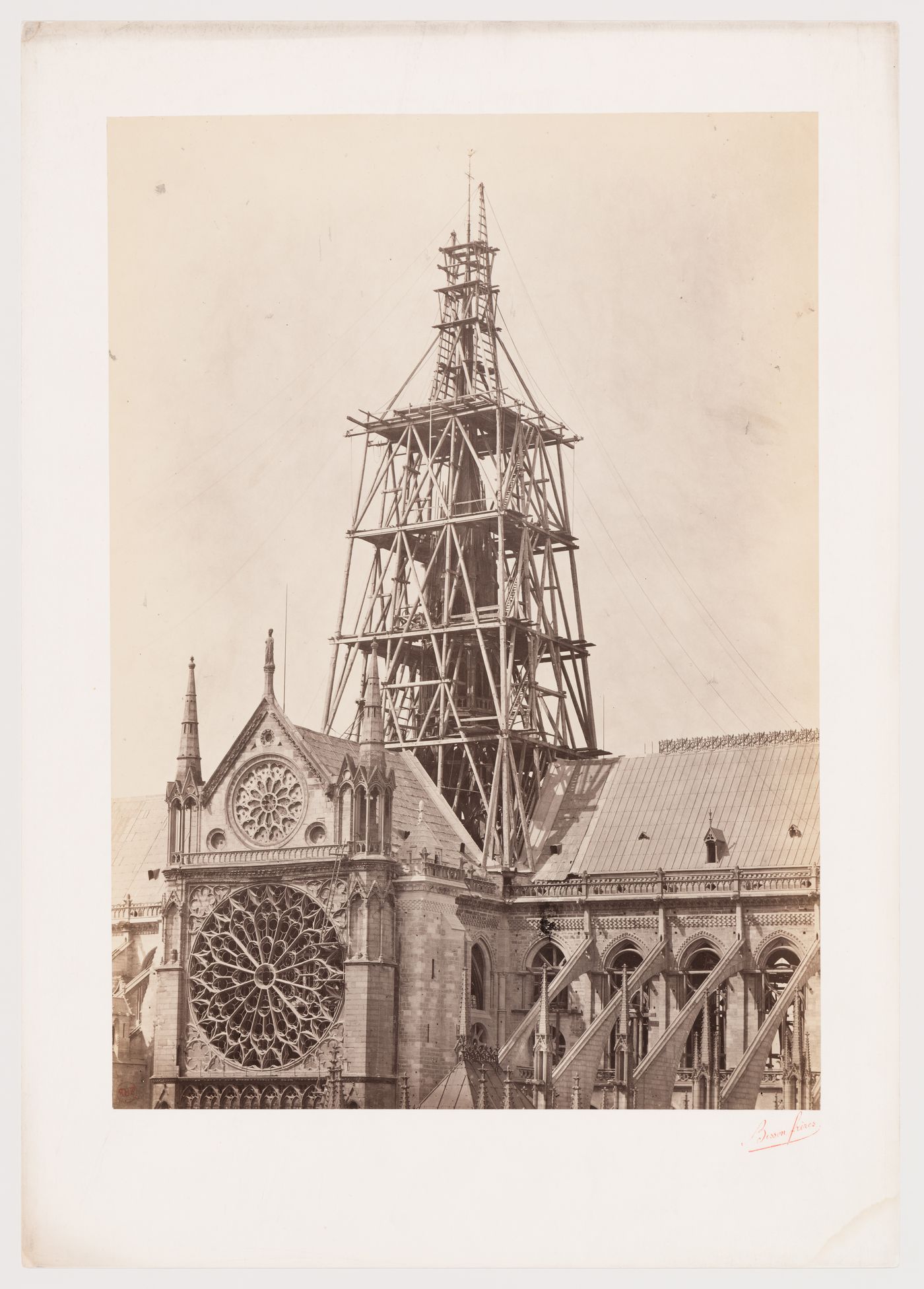 View from the southeast of spire during reconstruction of flèche, Notre-Dame de Paris, Paris, France