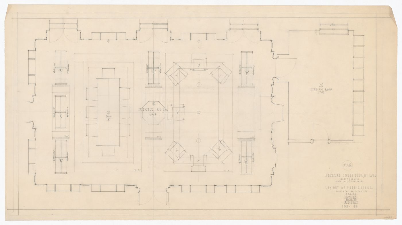 Plan de l'agencement du mobilier de la salle de repos pour Cour suprême du Canada, Ottawa, Ontario