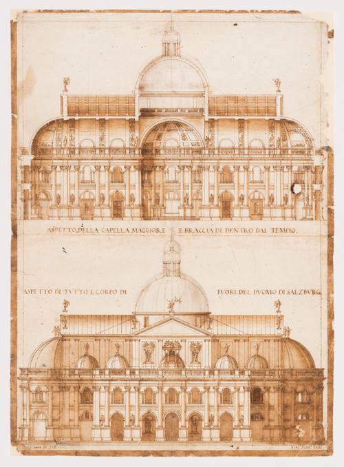 Section and elevation of a design for Salzburg Cathedral; verso: Section and elevation of a variant design for the cupola