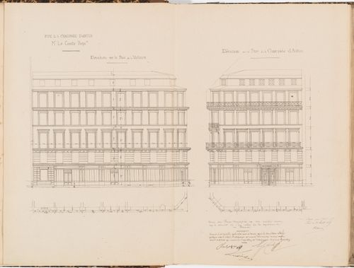 Contract drawing for an apartment house for Monsieur Le Comte, Paris: Elevations, rue de la Victoire and rue de la Chaussée d'Antin, including partial plans