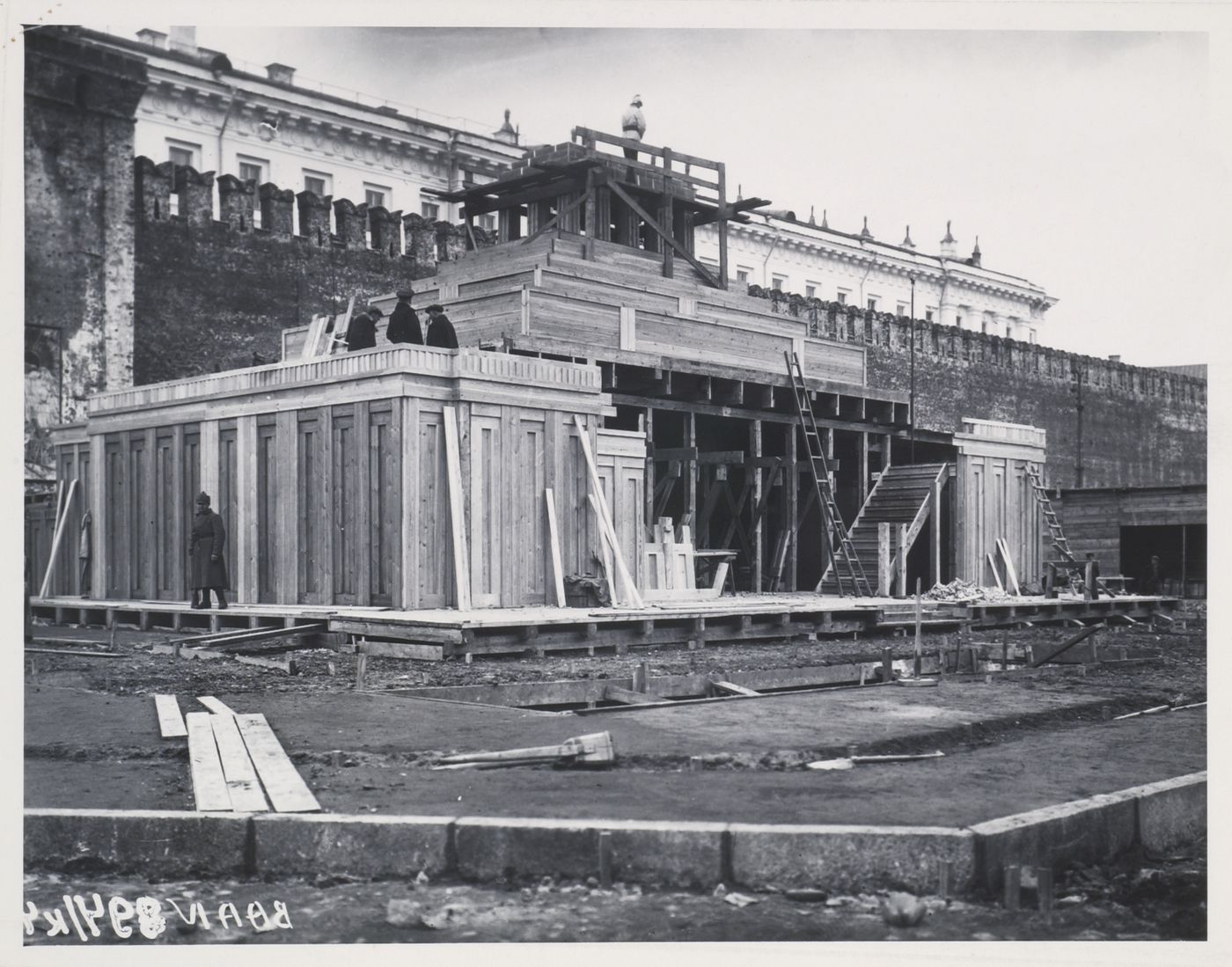 View of the second wooden Lenin Mausoleum during the latter stages of construction, Red Square, Moscow