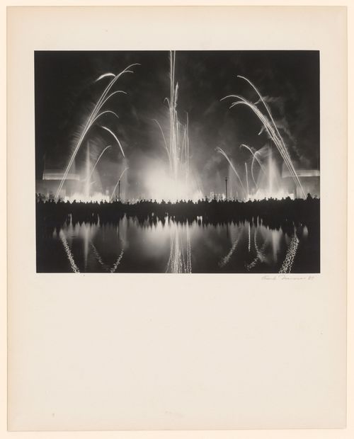 New York World's Fair (1939-1940): Fireworks over pool at night, with spectators