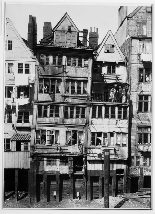 View of tall residential houses on Dovenfleet Street, Hamburg, Germany