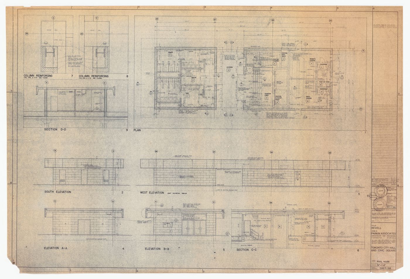 Pool house plan, elevations, sections and details for Toronto City Hall and Civic Square, Toronto