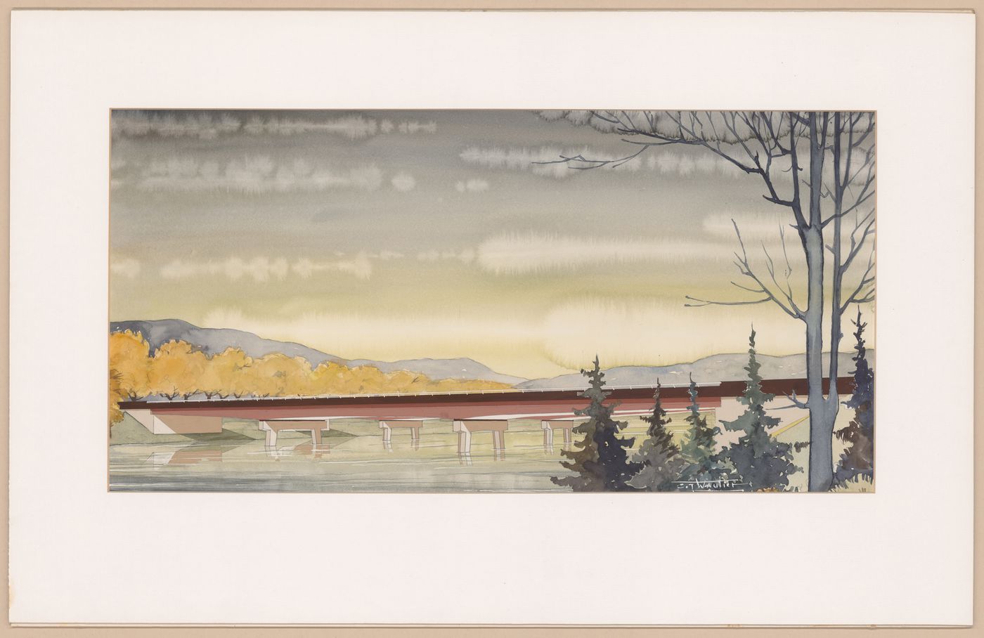 Watercolour entitled Bridge over water