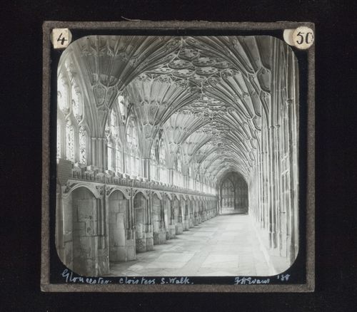 View of south walk of cloisters of Gloucester Cathedral, Gloucester, Gloucestershire, England
