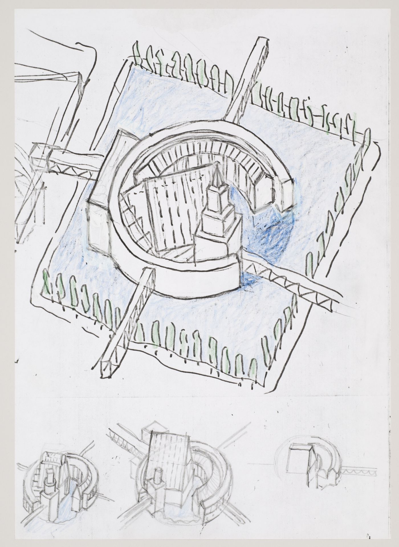 Houston Circle, Houston, Texas: axonometric and sketches