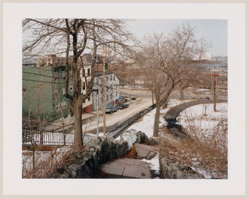 Viewing Olmsted: View from the overlook along St. Martin Street, Charleston Heights, now Ensign Dopherty Park, Charlestown, Boston, Massachusetts