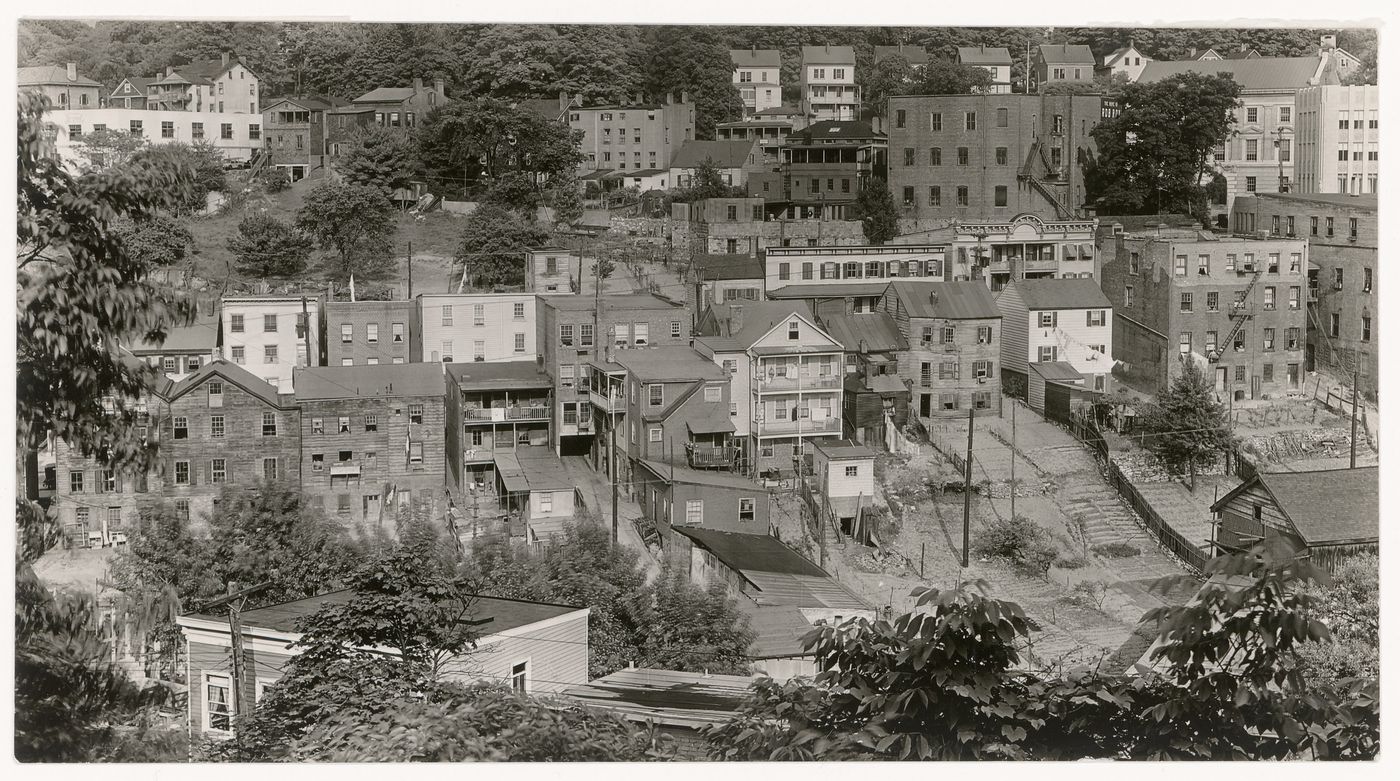 View of town looking down a hill, Ossining, New York, United States