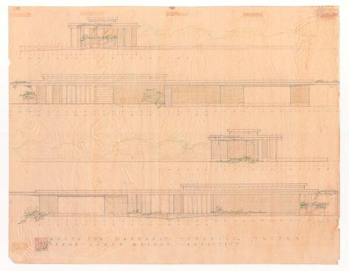 Presentation drawing showing four elevations for Margaret Schevill House, Tucson, Arizona