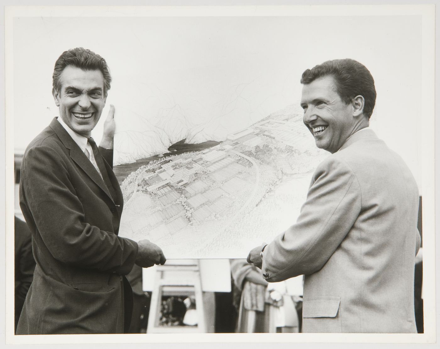 Geoffrey Massey and Arthur Erickson with a drawing of Simon Fraser University