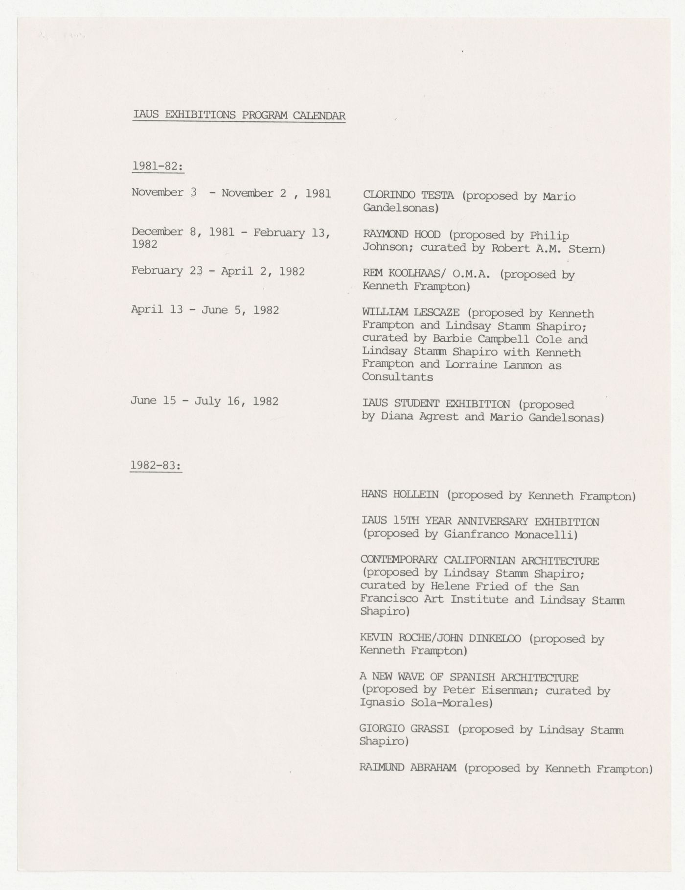 Exhibition program calendar, status report, and budgets for financial year 1981-1982 with annotations by Peter D. Eisenman