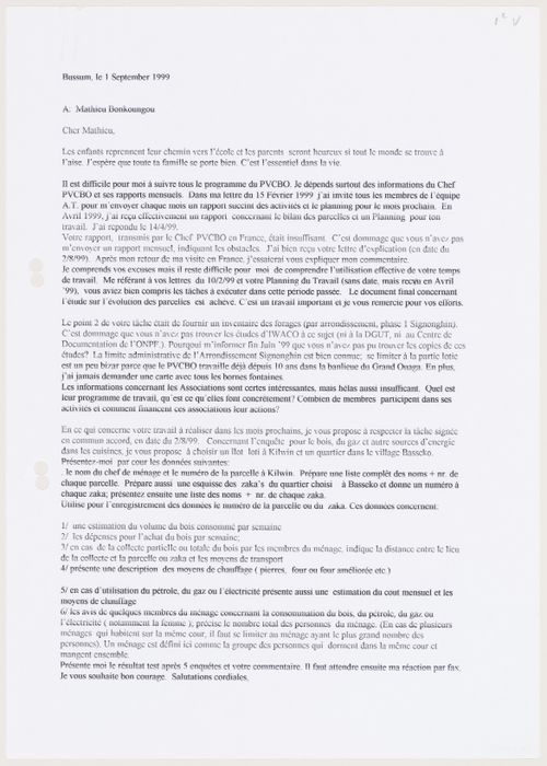 Two pages letter of Coen Beeker to Mathieu Bonkougou about drilling in a suburb of Ouagadougou, Burkina Faso