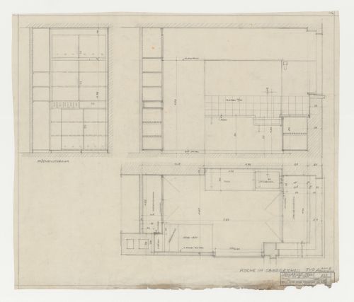 First floor plan and elevations for a type AO kitchen for a housing unit for Block VI, Hellerhof Housing Estate, Frankfurt am Main, Germany