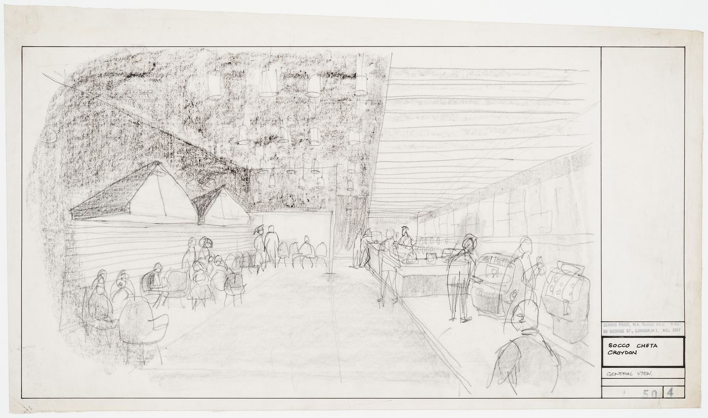 Perspective sketch for interior of Socco Cheta youth club, Croydon, Greater London, England