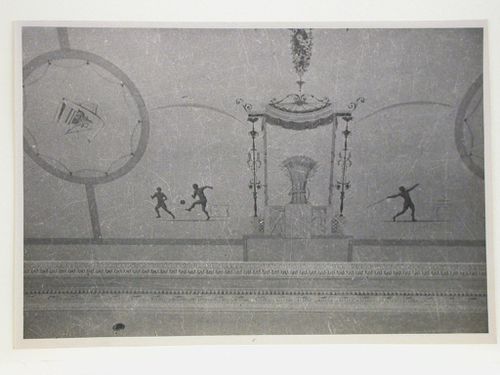 Interior view of an apartment showing a decorated ceiling, 16 Mokhovaia Street, Moscow