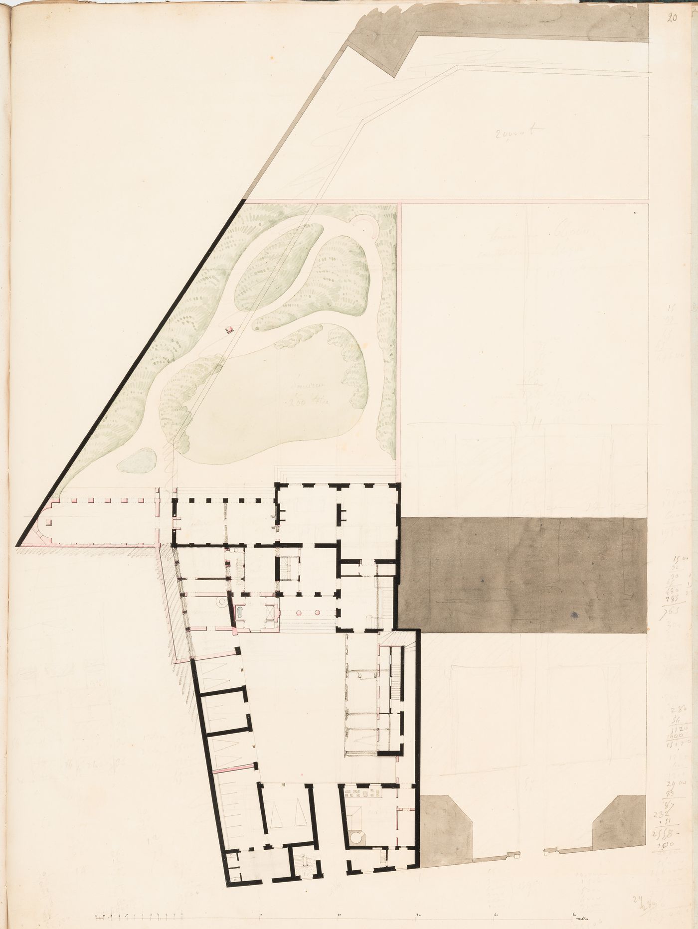 Hôtel Soyécourt, Paris: Partial plan; verso: Project for the conversion of Hôtel Soyécourt, Paris, into barracks: Sketches and calculations