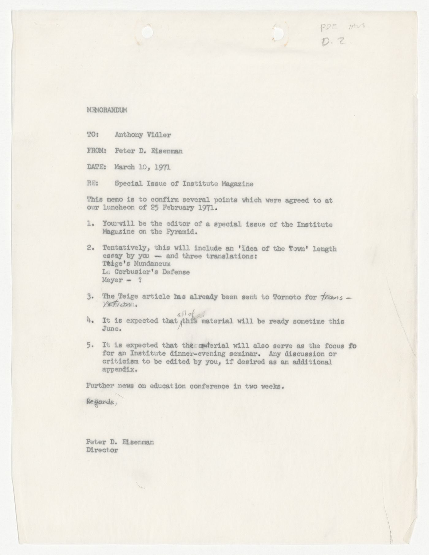 Memorandum from Peter D. Eisenman to Anthony Vidler about special issue of Institute magazine