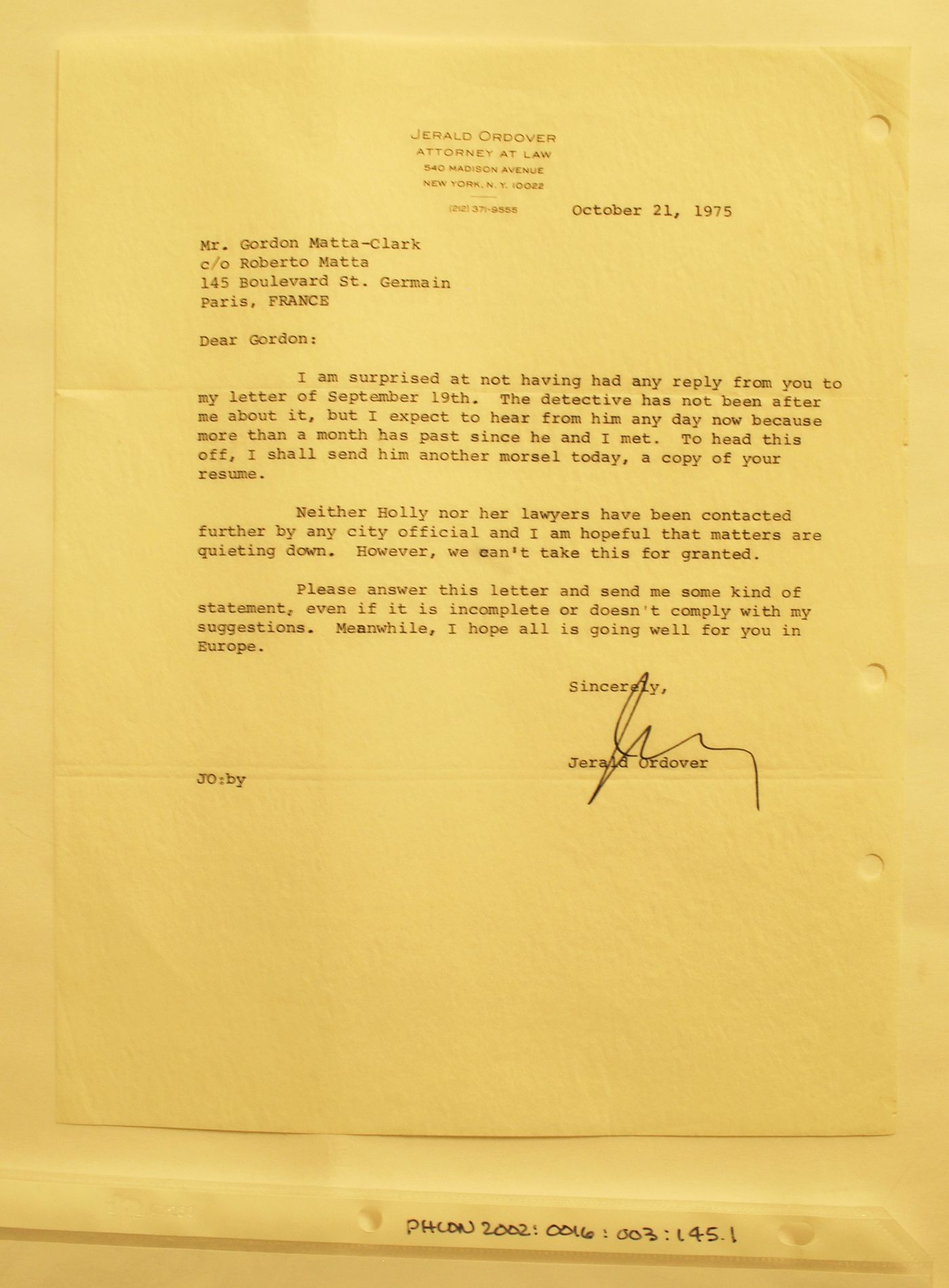 Letter from Jerald Ordover to Gordon Matta-Clark