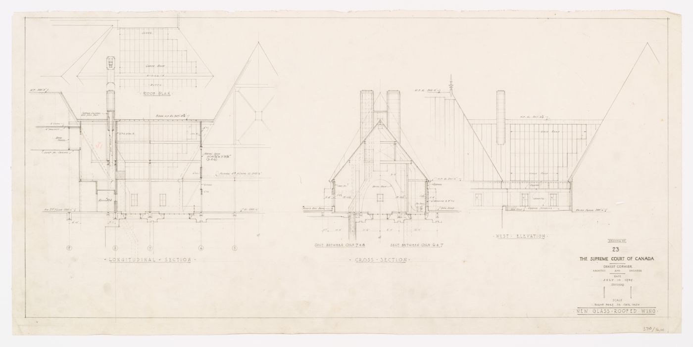Élévation et coupes du toit vitré, Cour suprême du Canada, Ottawa, Ontario, Canada (1937-1953, 1977)