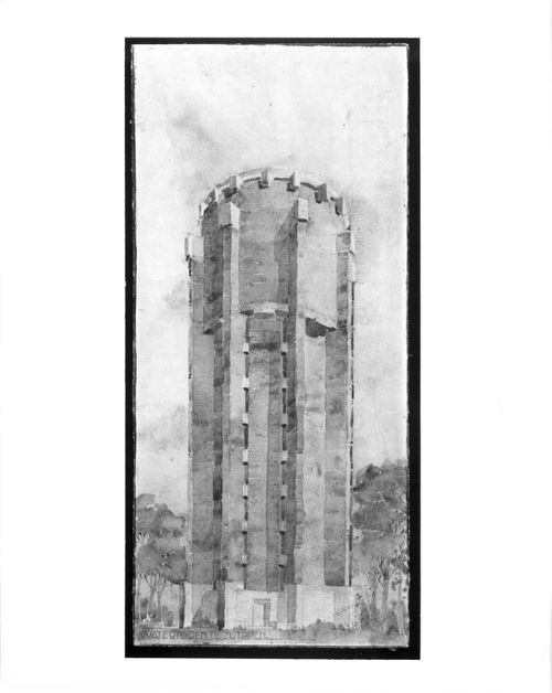 Competition drawing [?] showing a perspective for a water tower, Zutphen, Netherlands