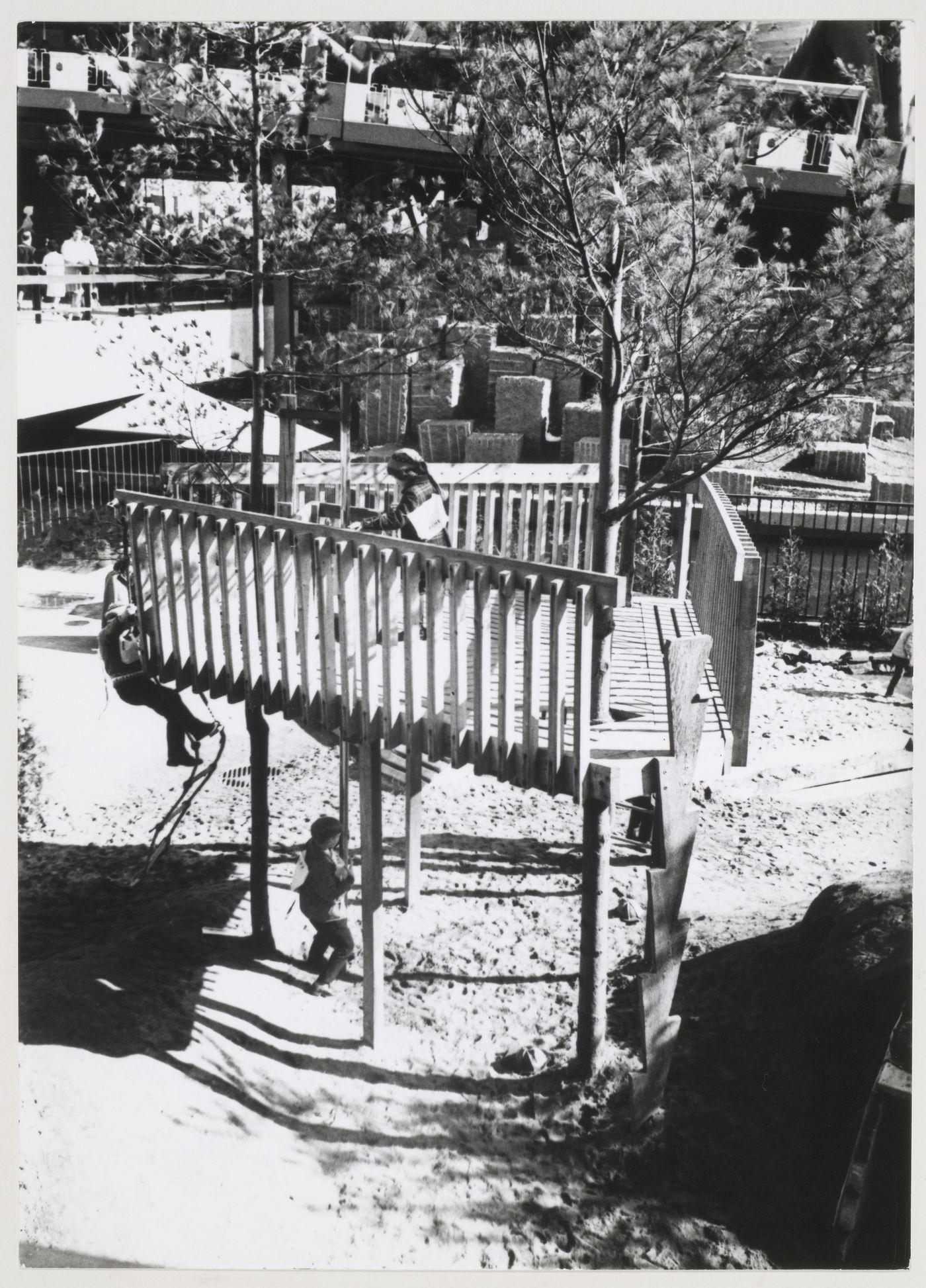 View of children playing at Children's Creative Centre Playground, Canadian Federal Pavilion, Expo '67, Montréal, Québec