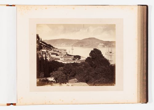 View across the Bosporus with a hotel and houses in the foreground, Constantinople (now Istanbul), Ottoman Empire (now in Turkey)