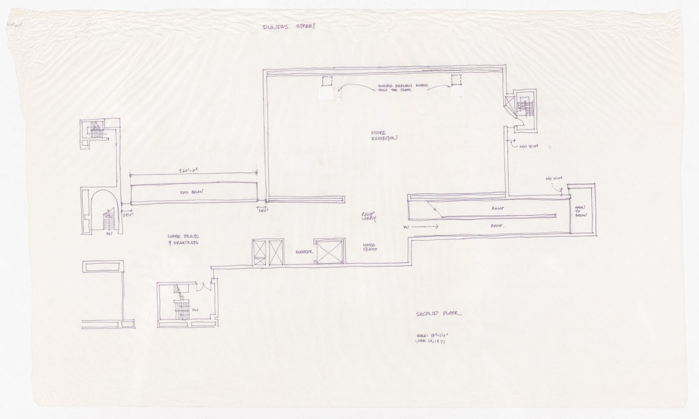 Sketch second floor plan for Henry Moore Sculpture Centre, Art Gallery of Ontario, Stage I Expansion, Toronto