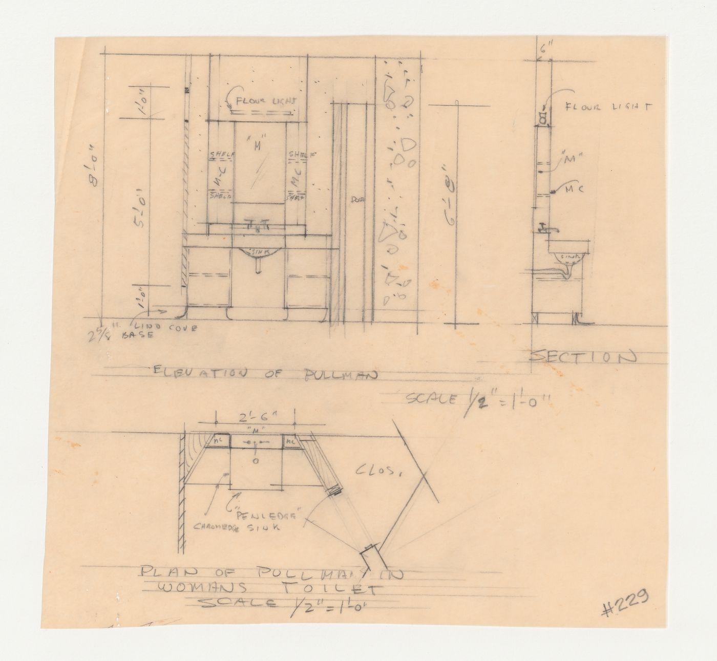 Wayfarers' Chapel, Palos Verdes, California: Plan, elevation and section for the women's rest room sink, possibly for the vestry
