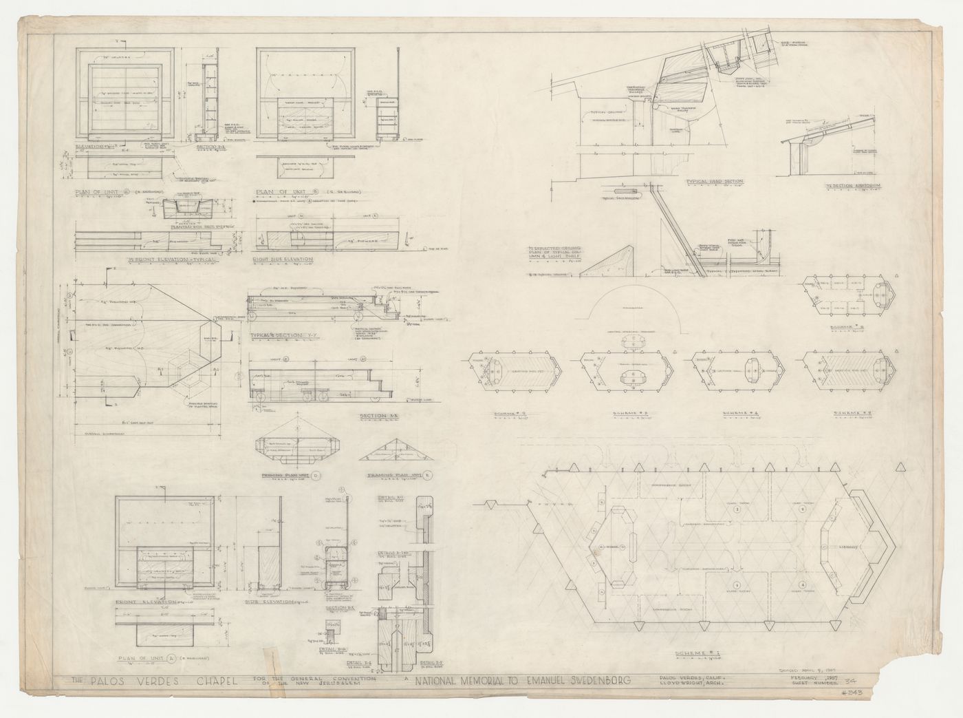 Wayfarers' Chapel, Palos Verdes, California: Plans, elevations and sections for the parish house, including freestanding stage and partition