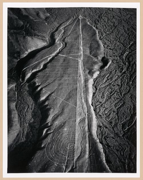 Aerial view of the ancient earthwork "Yarn & Needle", Nazca, Peru
