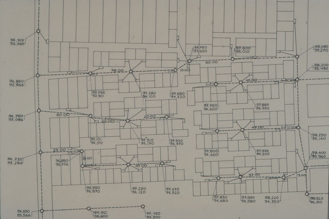 Site plan showing calculations between unidentified services for the Aranya Housing Project, Indore, India