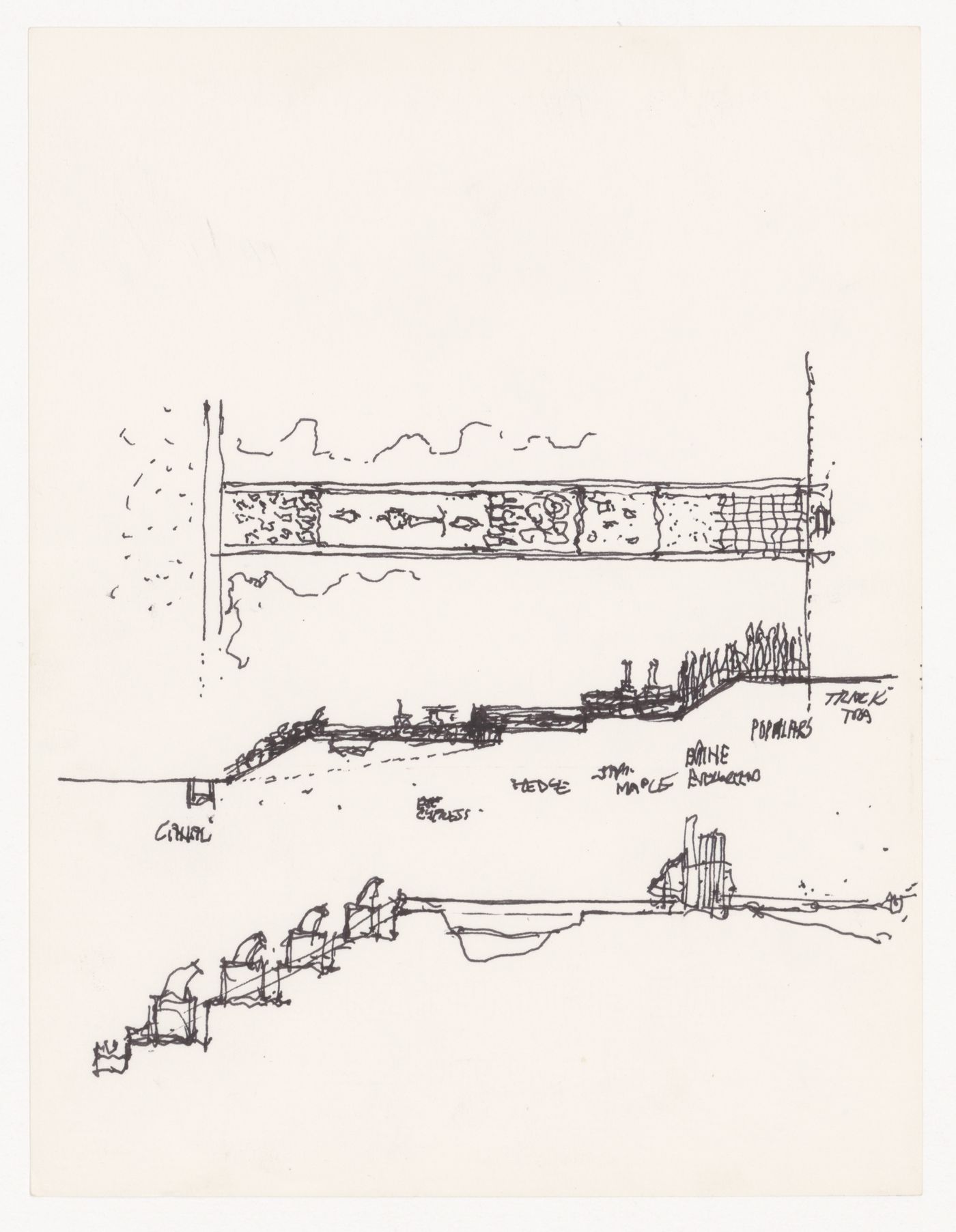 Sketch site plan and elevations for Victims II