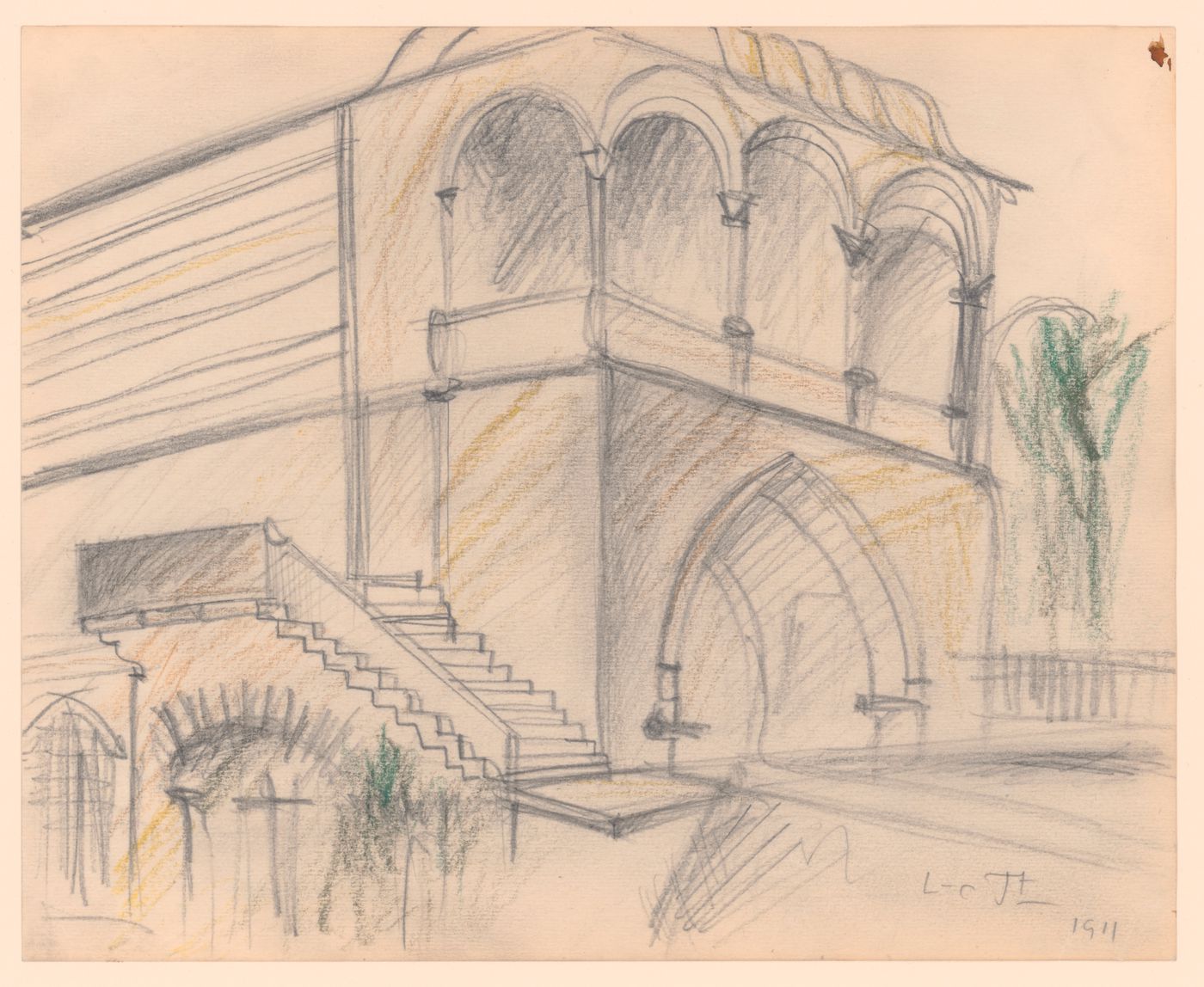 Perspective view of a Byzantine mosque showing second storey exterior loggia above lancet portal and lateral staircase, Istanbul
