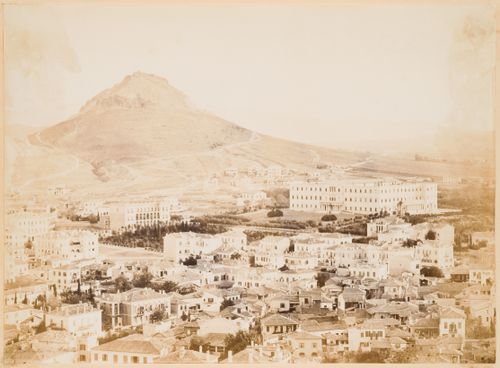 Panoramic view of the area around Palace Square (now Syntagma [Constitution] Square) showing Lykavittos (also known as Lycabettus) Hill, the Royal Palace (also known as the Old Palace; now the Parliament), the Demetriou House, and the Plaka, Athens, Greece