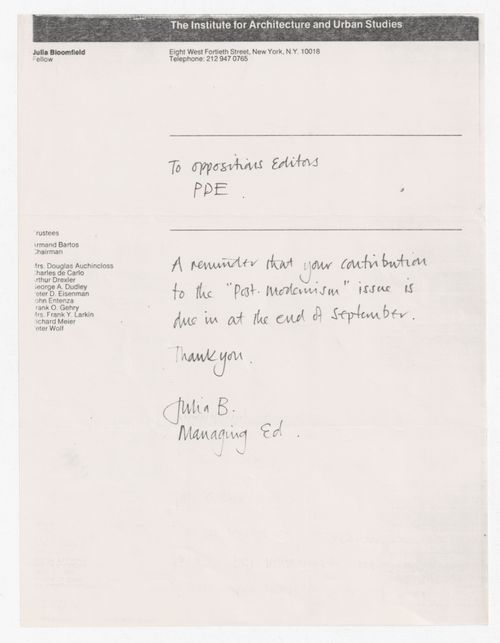 Memorandum from Julia Bloomfield to Peter D. Eisenman and Oppositions Journal editors about deadline for post-modernism issue
