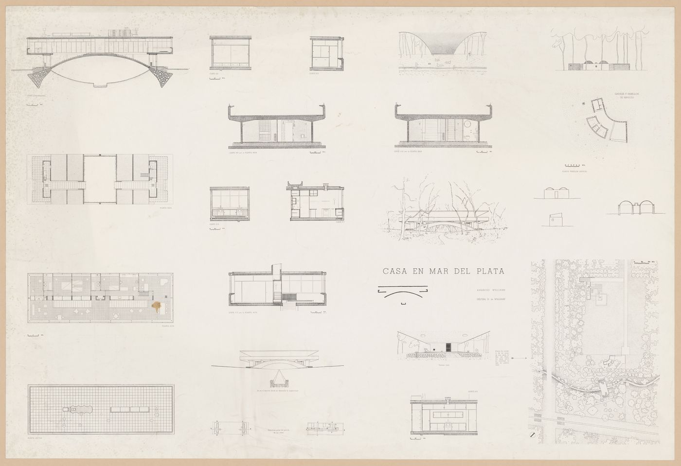 Floor plans, elevations, sections, and perspectives for Casa sobre el arroyo, Mar del Plata, Argentina