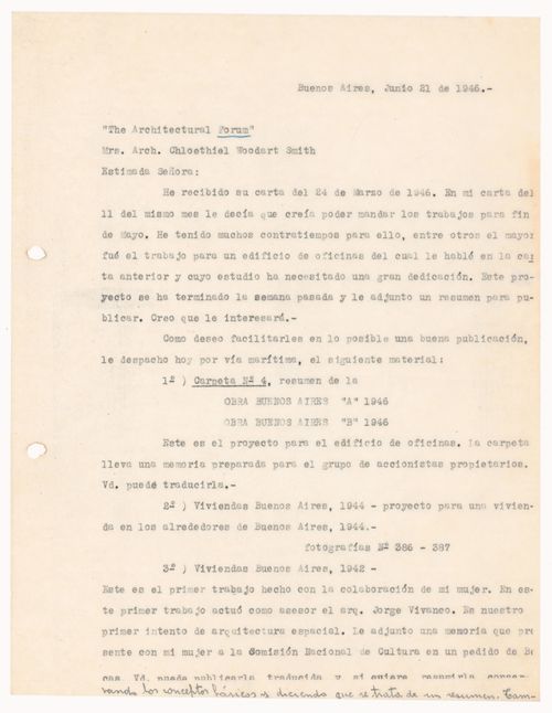 Correspondence, letter to Chloethiel Woodward Smith from Amancio Williams