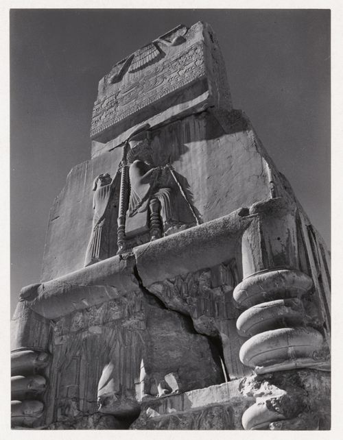 Detail of a doorway with relief showing enthroned king with attendant, Throne Hall, Persepolis, Iran
