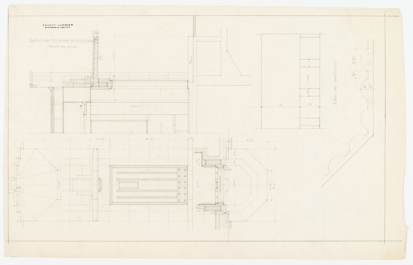 Résidence Ernest Cormier, 1418, avenue des Pins Ouest, Montréal: l'entrée principale: plans, élévation, coupe et détail des denticules