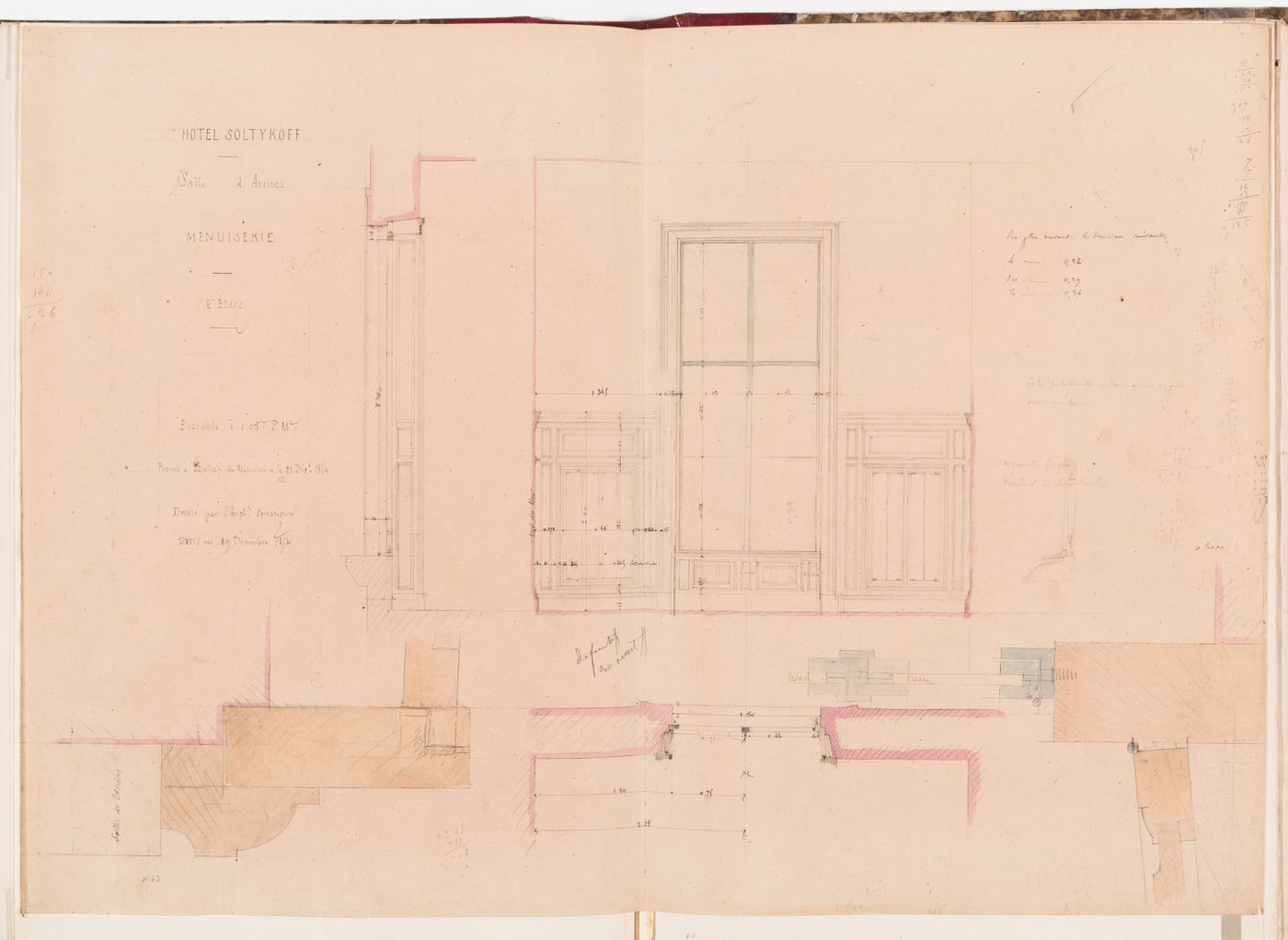 Plan, section, elevation and full-scale joinery details for a window and a wall for the "salle d'armes" on the second floor, Hôtel Soltykoff