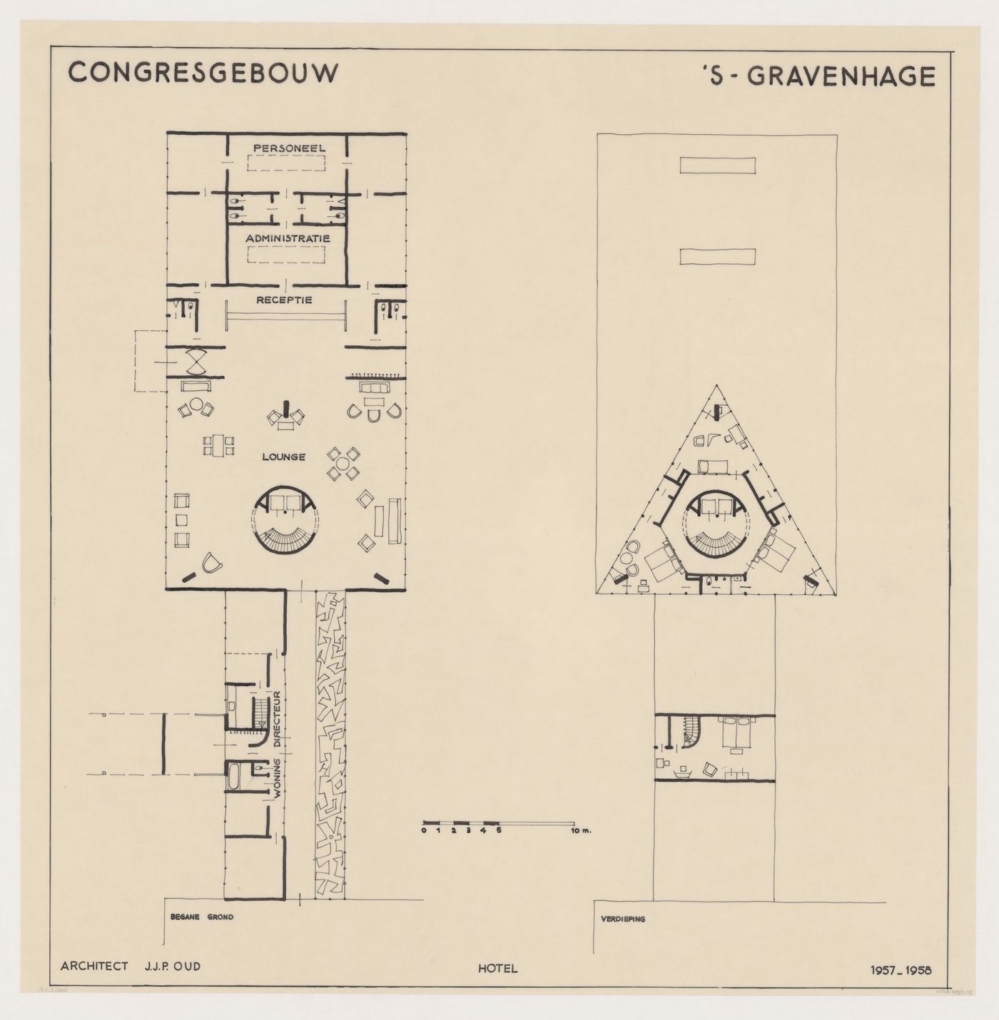 Ground and first floor plans for the hotel for the Congress Hall Complex, The Hague, Netherlands
