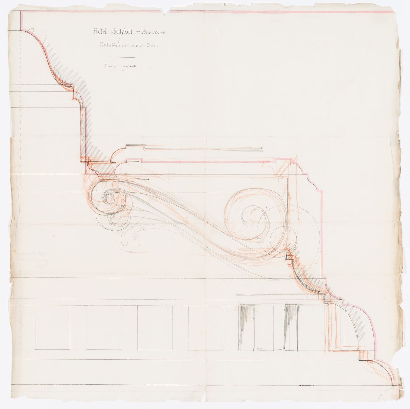 Full-scale elevation and profile for the entablature for the principal façade, Hôtel Soltykoff