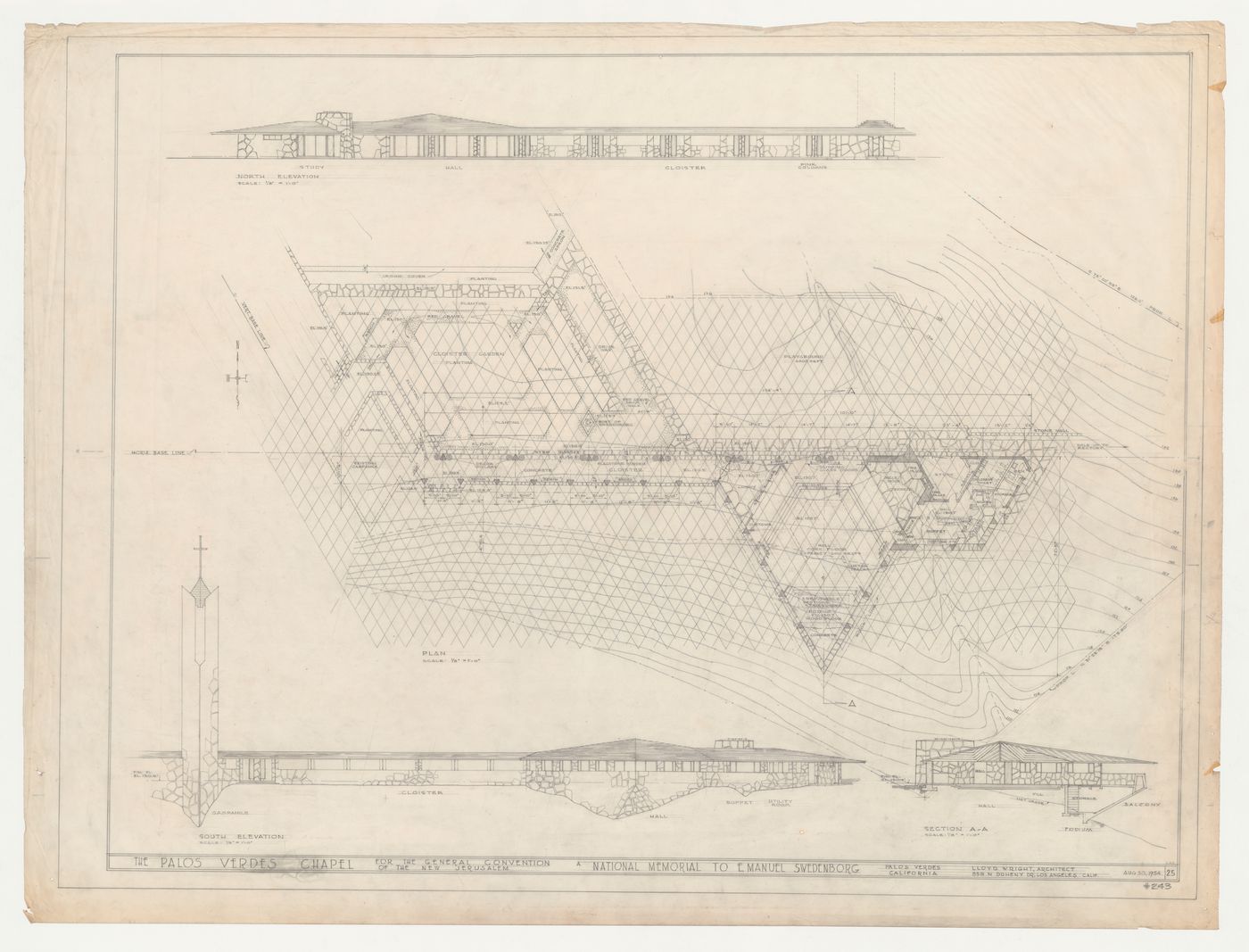 Wayfarers' Chapel, Palos Verdes, California: Plan developed on an equilateral parallelogram grid, north and south elevations and section for the cloister, cloister garden and parish house, including campanile as-built