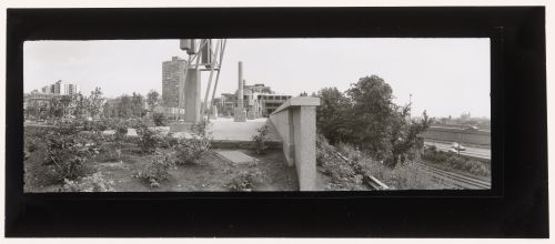 View of the allegorical columns from the southwest, CCA garden, Montréal, Québec, Canada