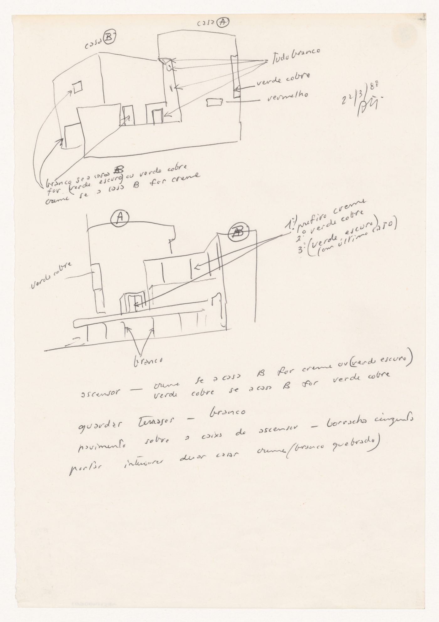 Sketches and notes for Duas habitações e duas lojas [Housing and shopping complex, Schilderswijk], The Hague, The Netherlands
