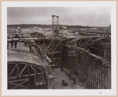View of a building under construction from above, United Aircraft Corporation Missouri division Assembly Plant, Kansas City, Montana