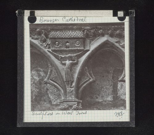 Detail view of relief sculpture on west façade of Cathédrale Saint-Etienne de Bourges, Bourges, France