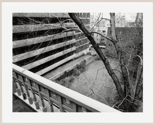View from the second floor balcony of Slessor House showing the adjacent apartment buildings and the yard, 1538 avenue Dr. Penfield, Montréal, Québec