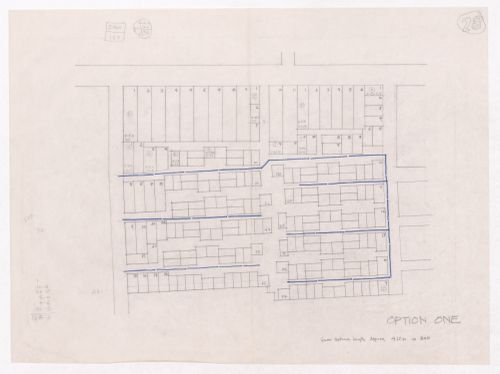 Sketch showing plots layout development for Minimum Cost Housing Group's plot in Aranya township, India, for Aranya Housing Project